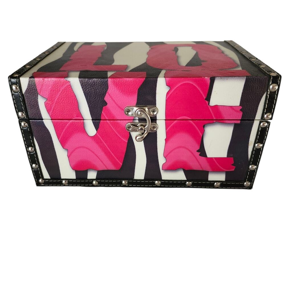 Vtg 60's Zebra Print Love Keepsake Storage Box 12× 8× 6" Lined Retro Bohemian